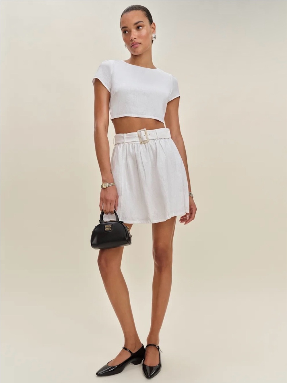 Reformation White Belted Mini Skirt Set